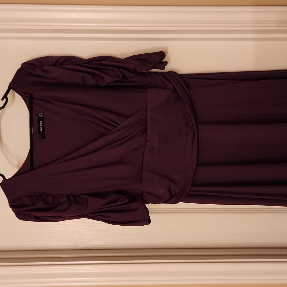 Alisa Pan deep plum midi dress with ruching sleeves